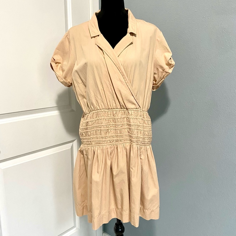 Anthropologie tan quiet luxury women’s size XL petite surplice neck mini dress